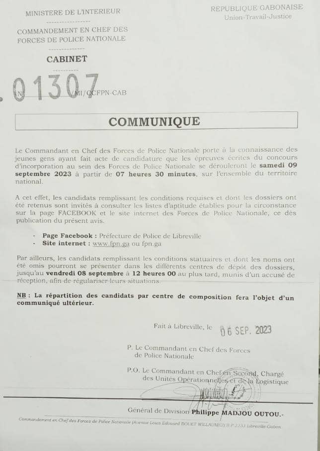 RECRUTEMENT DU CONTINGENT 2023 DES FPN/LISTE D’APTITUDE DES CANDIDATS PROVINCE DE L’ESTUAIRE (2ème Partie et Fin).